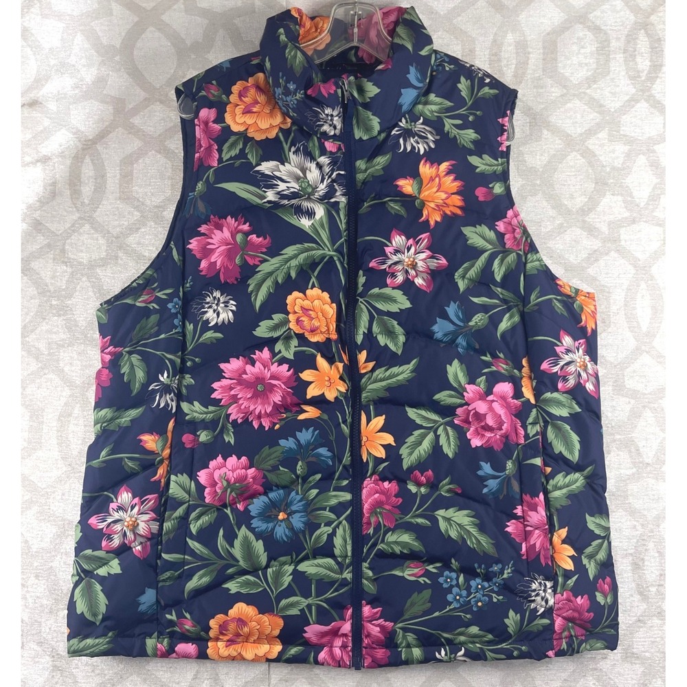 Lands End Floral Down Puffer Vest Navy Blue Pink Orange Womens Plus 1X 16W-18W - Picture 8 of 8